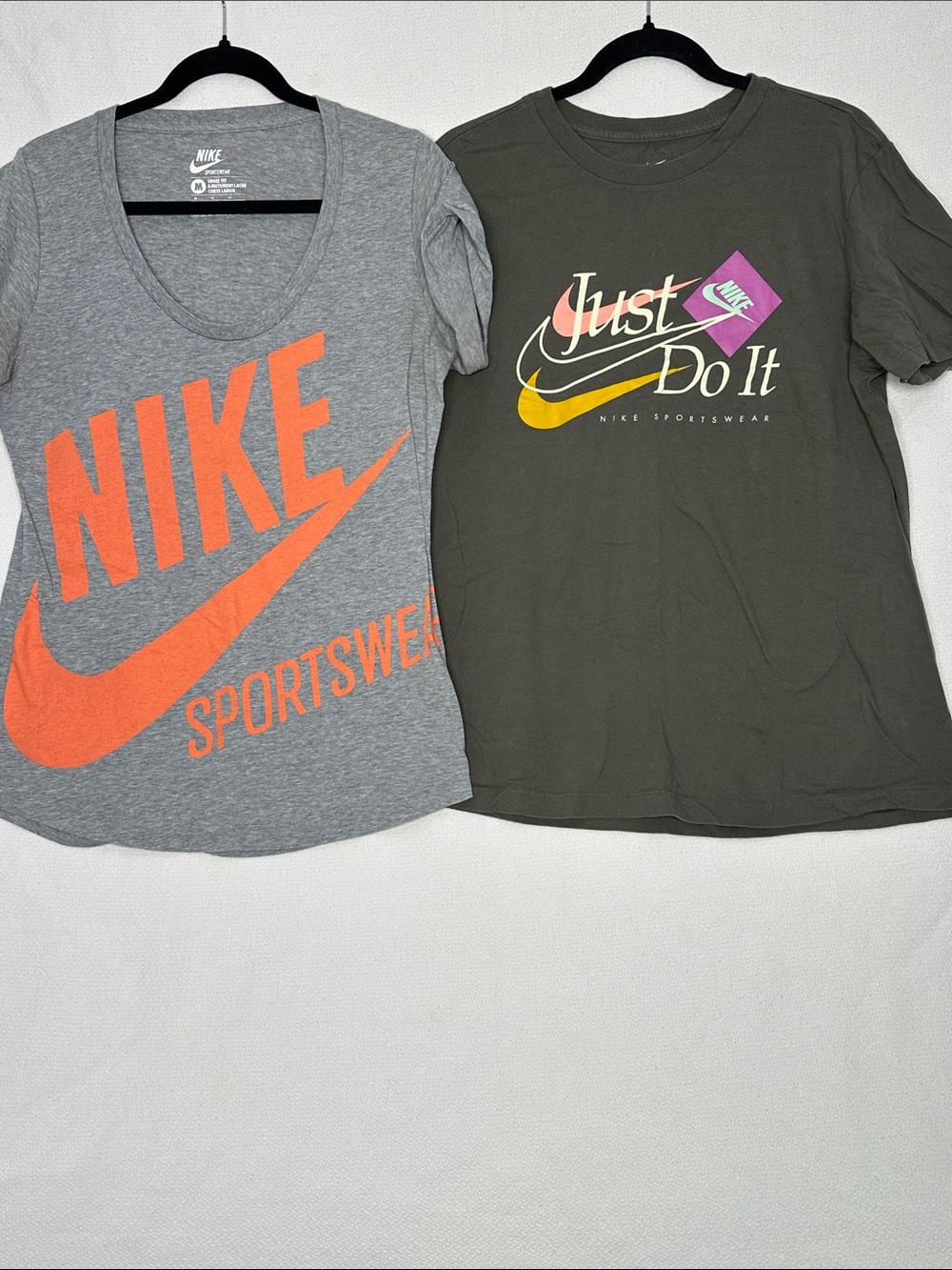 Nike Women's Short Sleeve Graphic Tees in Gray & Olive with Orange Accent